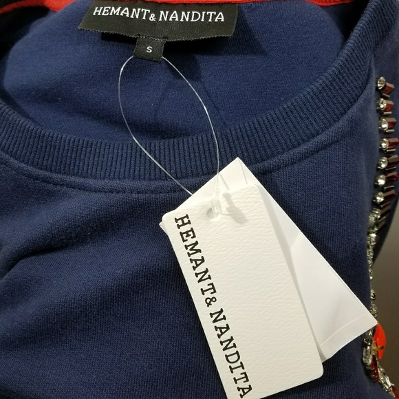 HEMANT & NANDITA Navy Blue Beaded Sweater Sz S - Picture 5 of 8